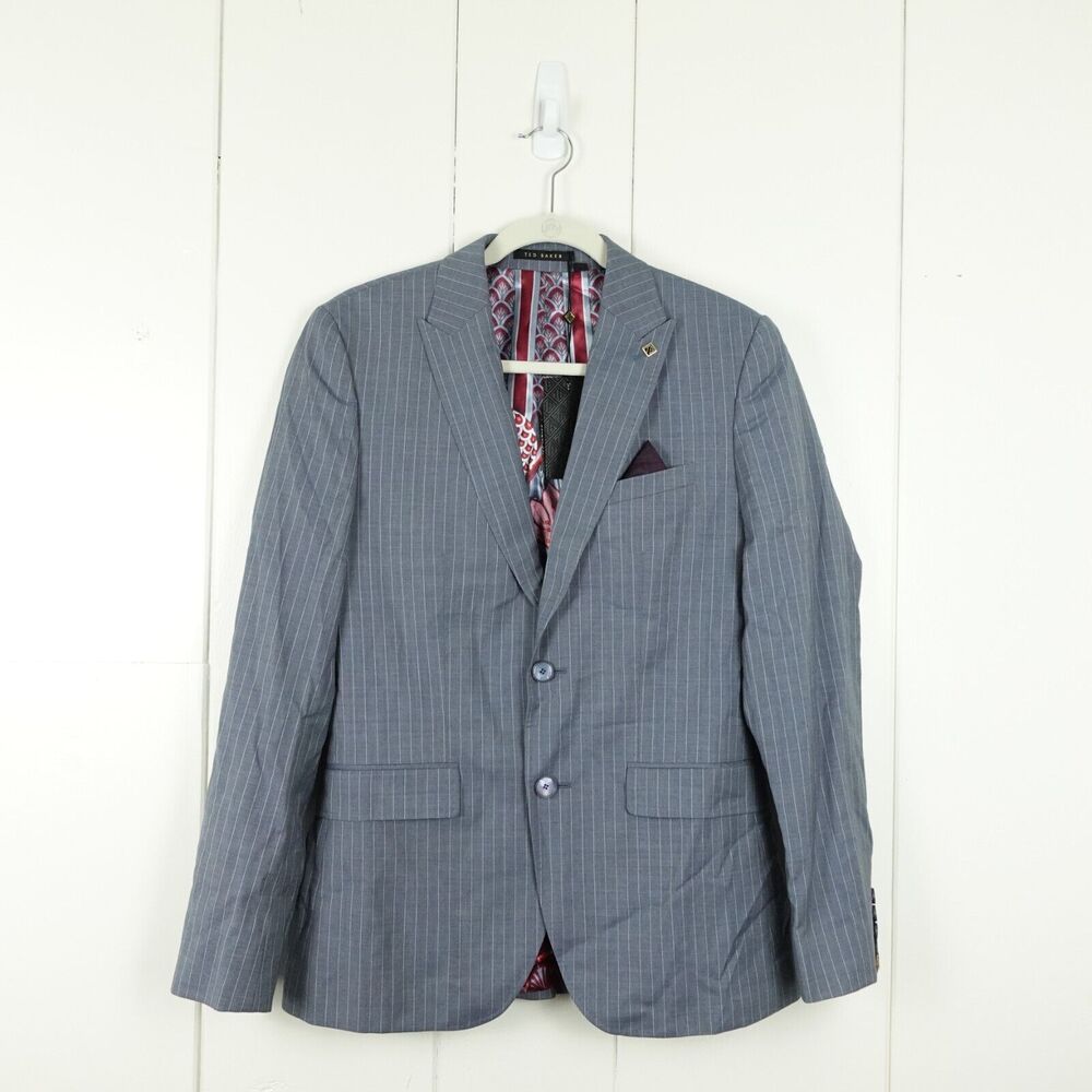 Ted Baker Debonair Stripe Wool Suit Jacket 2 Button Mens SZ 38R Gray Fashion Fit